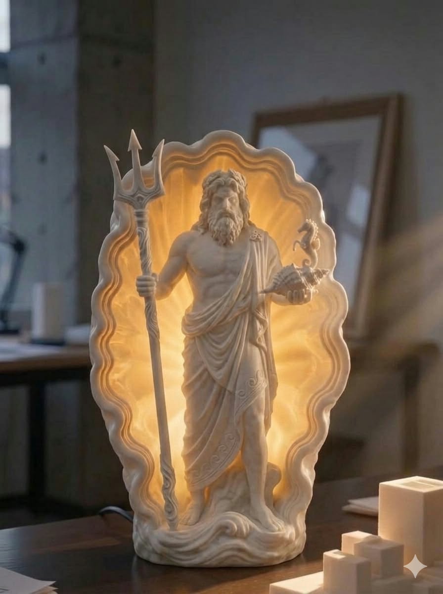 Poseidon Greek God Lamp – Greek Mythology LED Statue – God of the Sea Decor – Custom Light Color – Mythology Gift