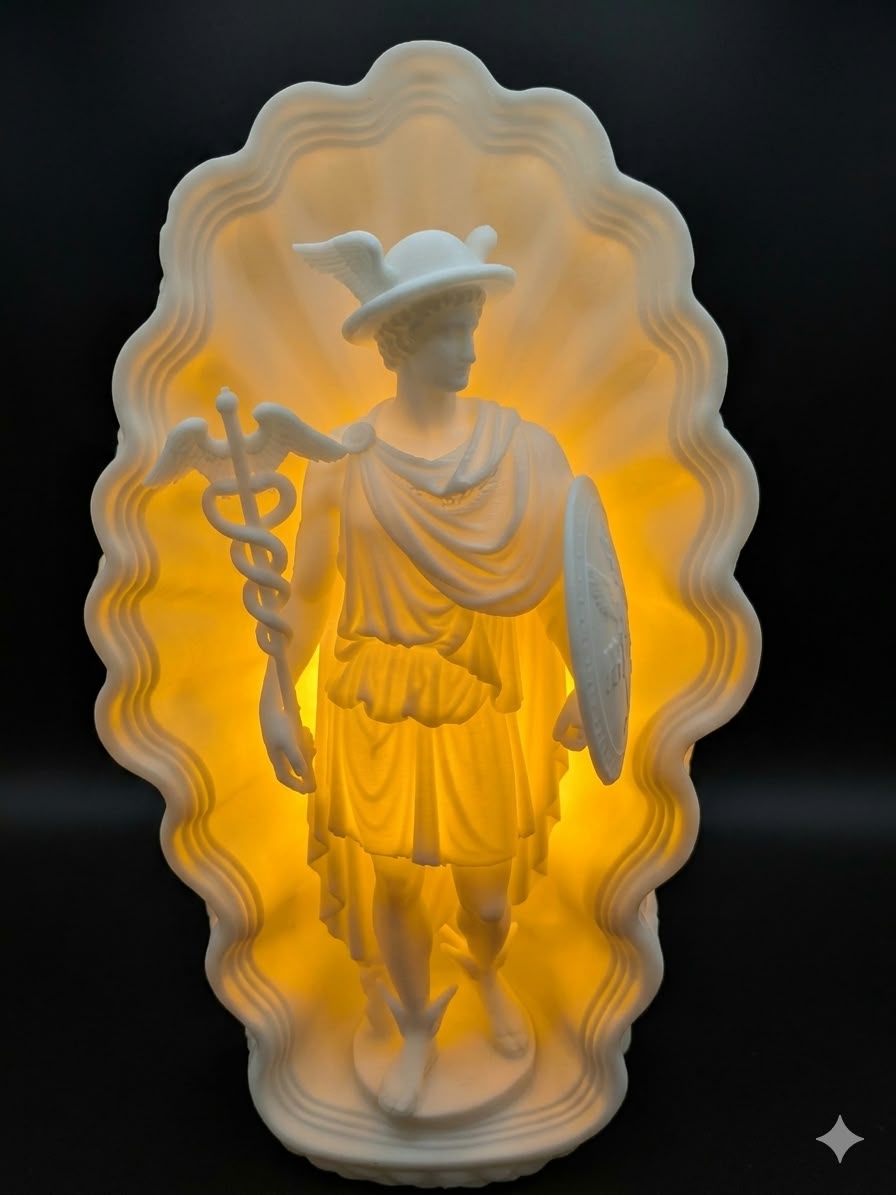 Hermes Greek God Lamp, Greek Mythology Decor, Caduceus Statue Light, 3D Printed Sculpture, Custom LED Color, Mythology Gift