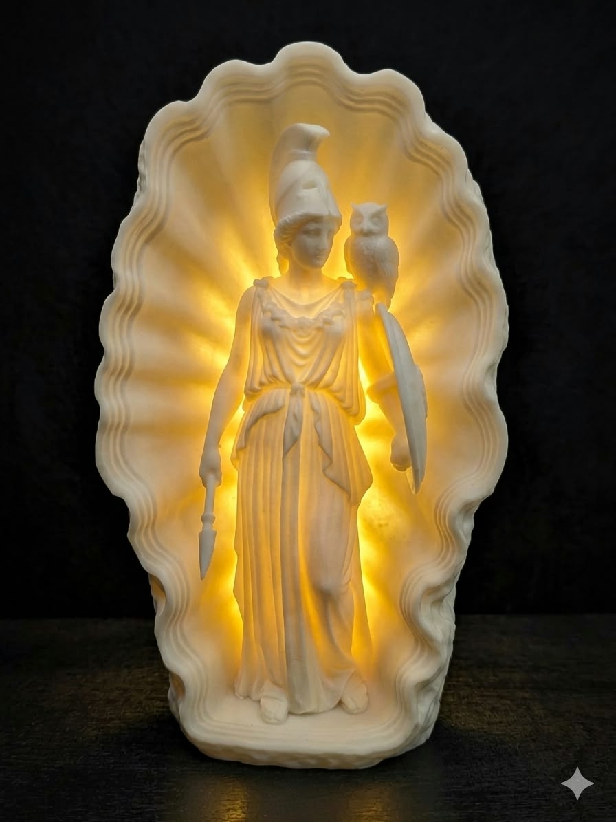 Athena Goddess Lamp with Owl – Greek Mythology Illuminated Sculpture