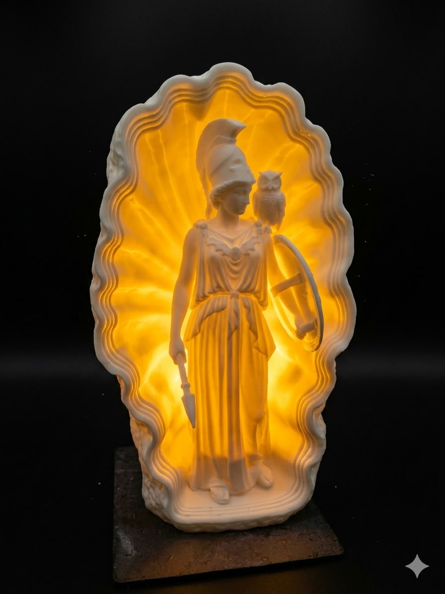 Athena Goddess Lamp with Owl – Greek Mythology Illuminated Sculpture