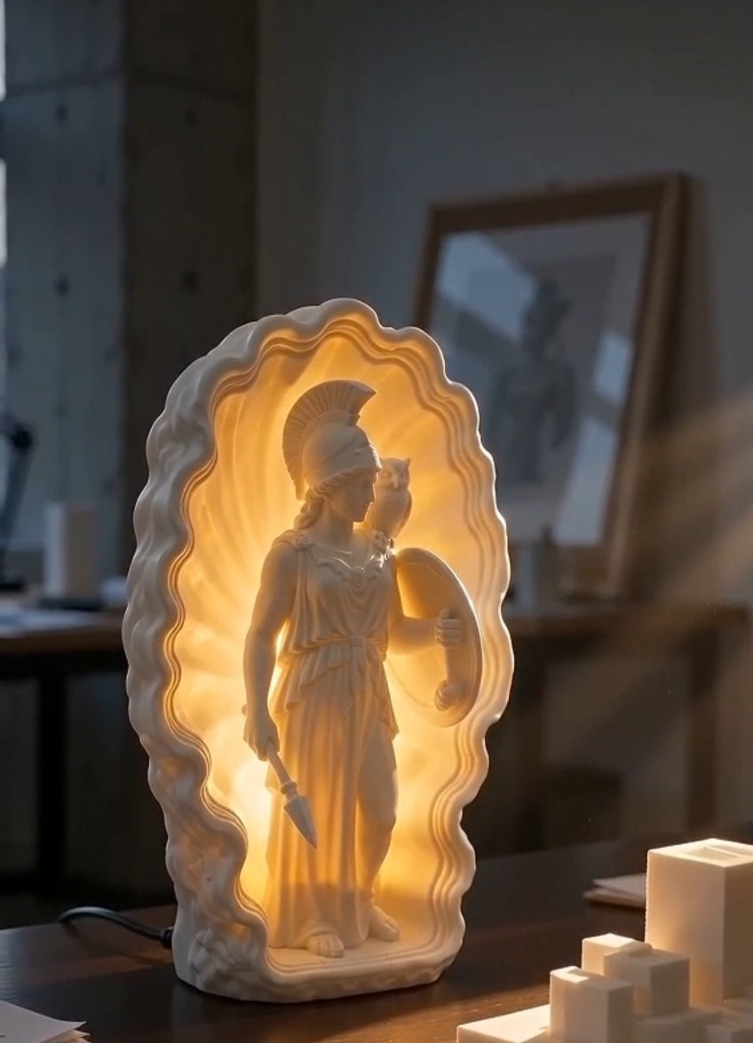 Athena Goddess Lamp with Owl – Greek Mythology Illuminated Sculpture