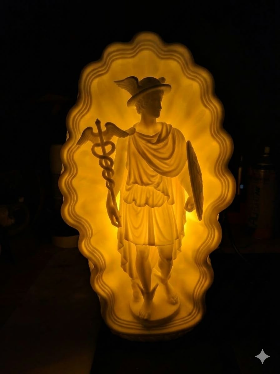 Hermes Greek God Lamp, Greek Mythology Decor, Caduceus Statue Light, 3D Printed Sculpture, Custom LED Color, Mythology Gift